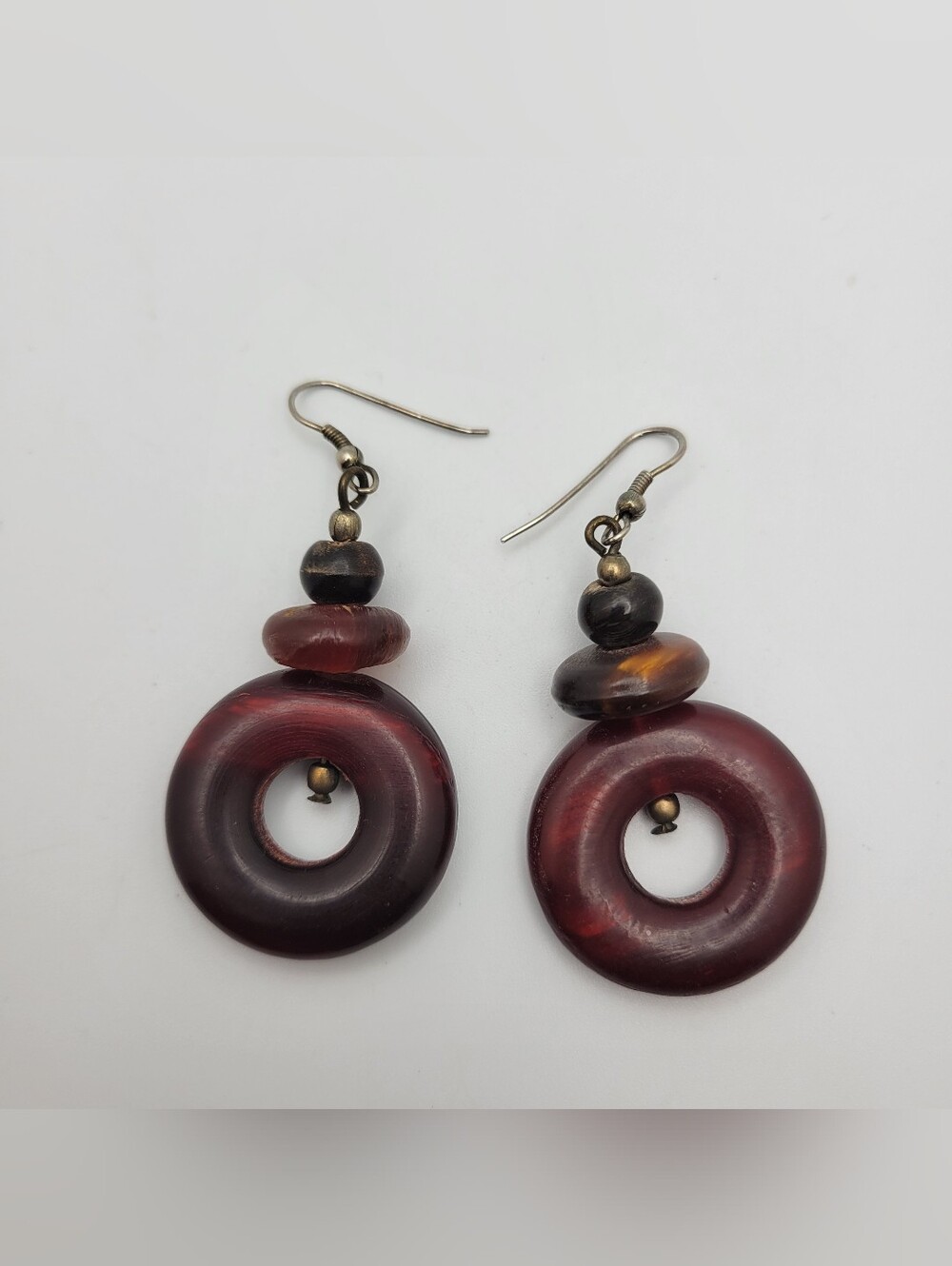 Boho Natural Tagua Nut Donut Dangle Earrings Deep Burgundy